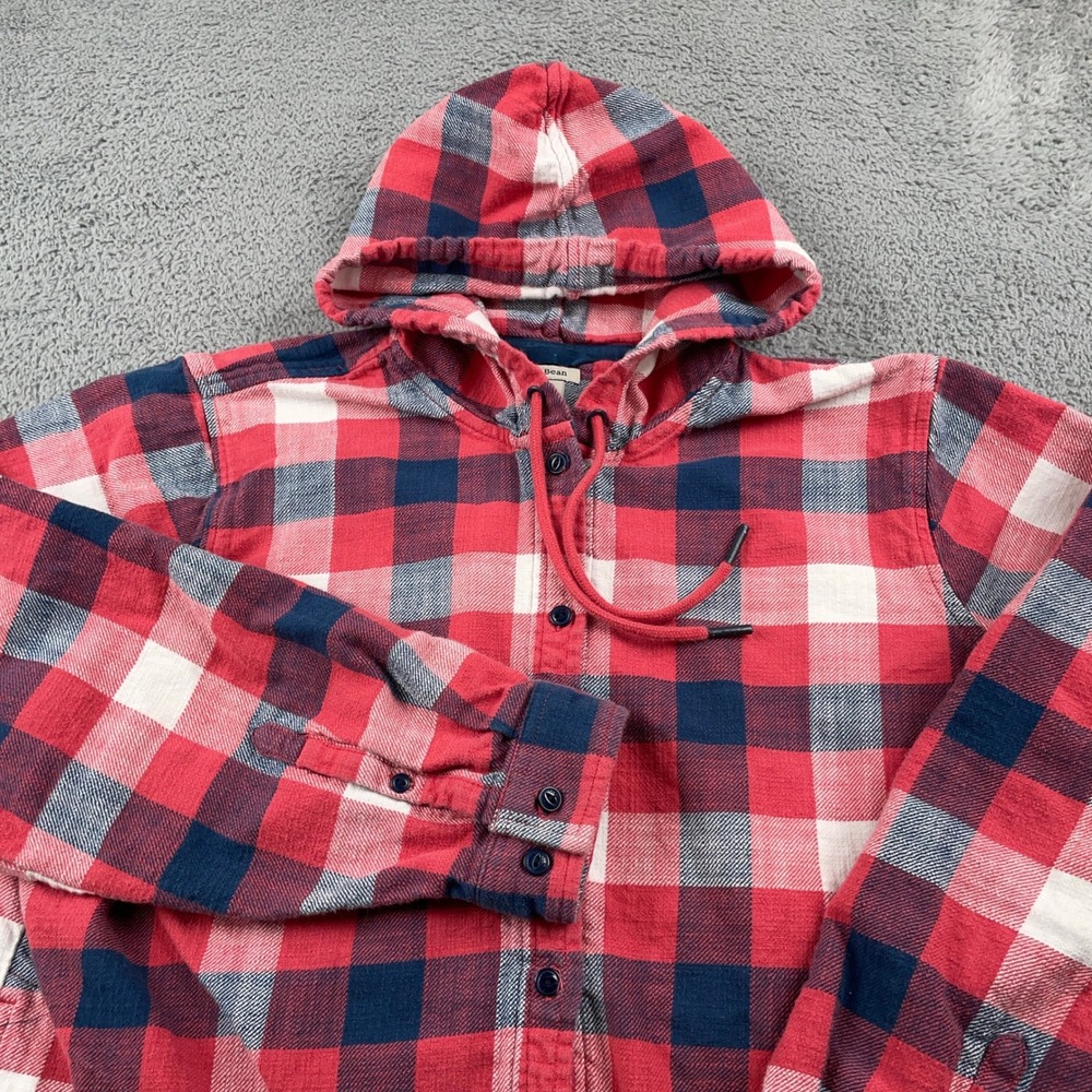 LL Bean Hoodie Womens Large Red Plaid Flannel Shirt Button Up Long Sleeve 503818